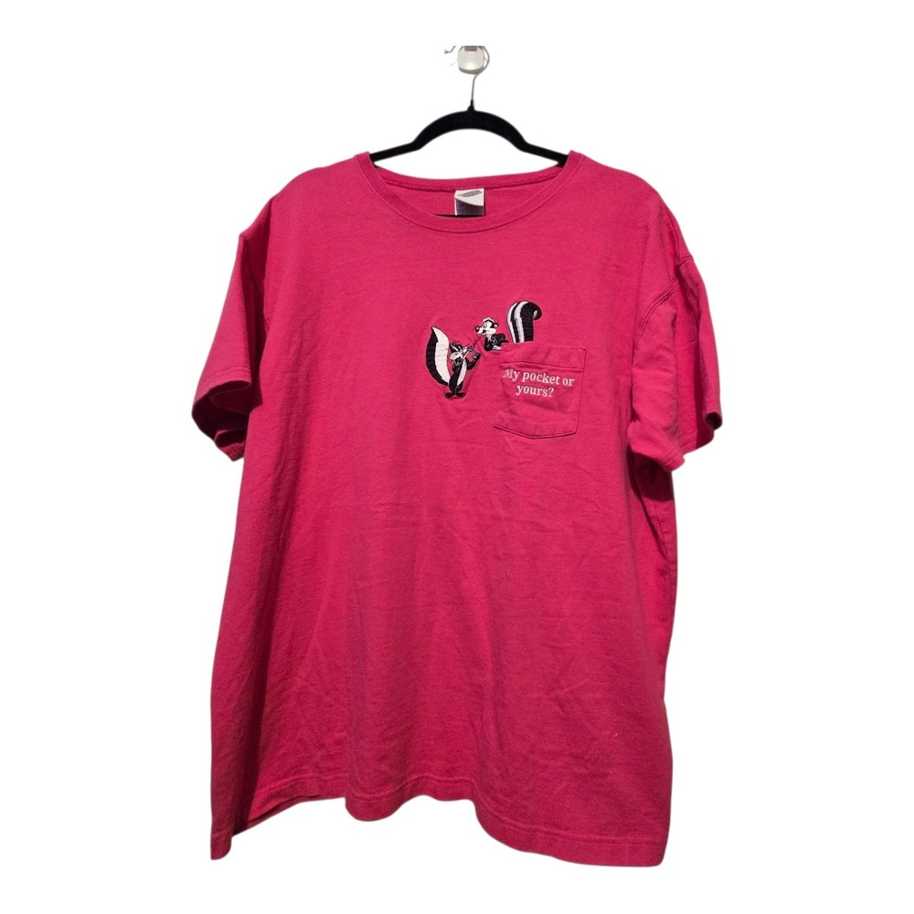 Vintage 90s Y2K Warner Bros Pepé Le Pew T-shirt Women XLG Pink Embroidery Pocket